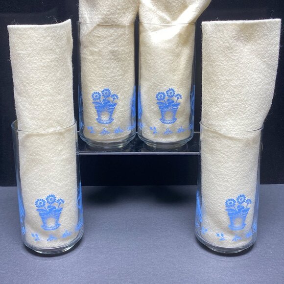 Vintage Libbey Garden Theme Glass Tumblers Set of 4 Flower Pot Bird House - Picture 4 of 9